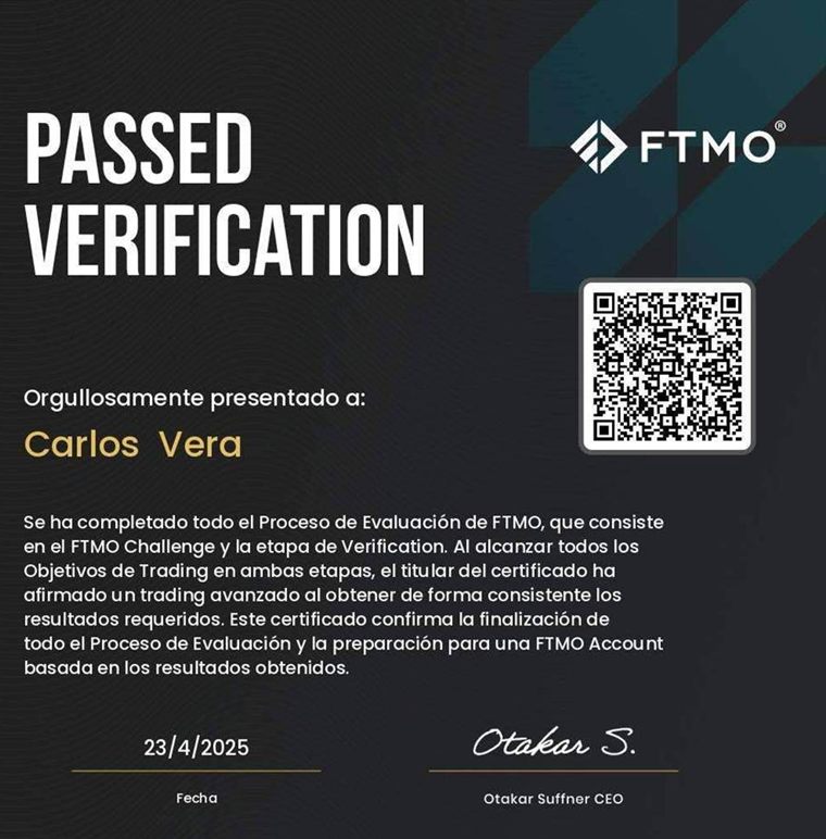 Carlos Vera superó el challenge de FTMO y su verificación en abril de 2025. Las dos fases, aprobadas.