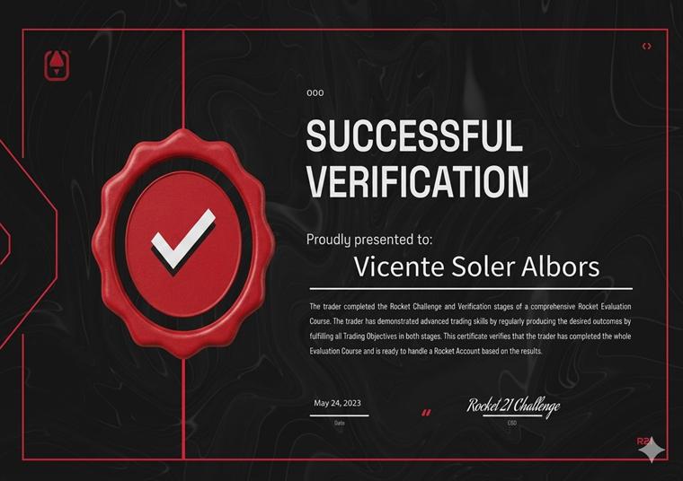 Vicente Soler Albors completó challenge y verificación en Rocket 21. Fondeo conseguido de punta a punta.