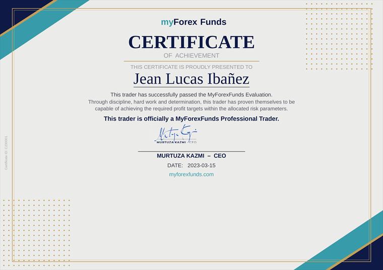 Jean Lucas Ibáñez quedó acreditado por MyForexFunds como trader profesional.