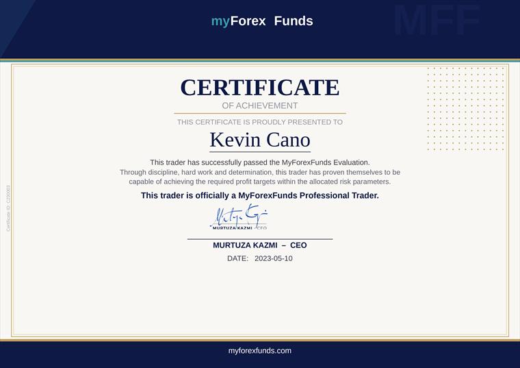Kevin Cano · MyForexFunds. Evaluación superada, junio 2023.