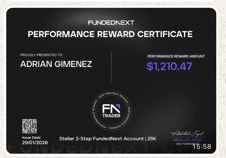 Adrián Giménez cobró 1.210,47 USD de premio por rendimiento en FundedNext.
