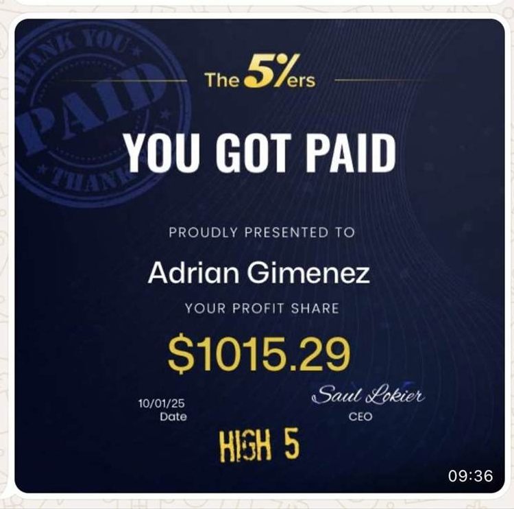 Adrián Giménez retiró 1.015,29 USD de reparto de beneficios en The 5%ers.