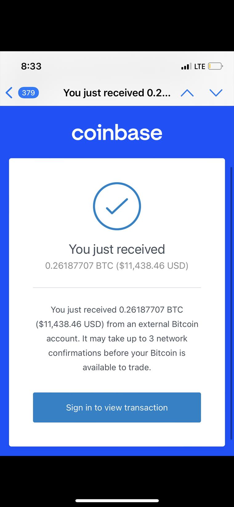 Pago recibido: 0,2618 BTC, equivalente a 11.438,46 USD.