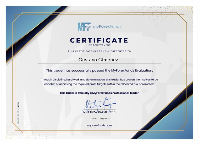 Gustavo Giménez · MyForexFunds. Evaluación superada como trader profesional.