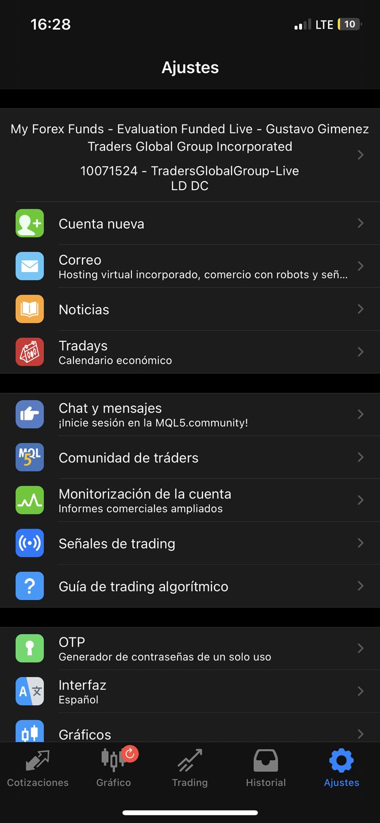 Cuenta MyForexFunds Evaluation Funded Live a nombre de Gustavo Giménez.
