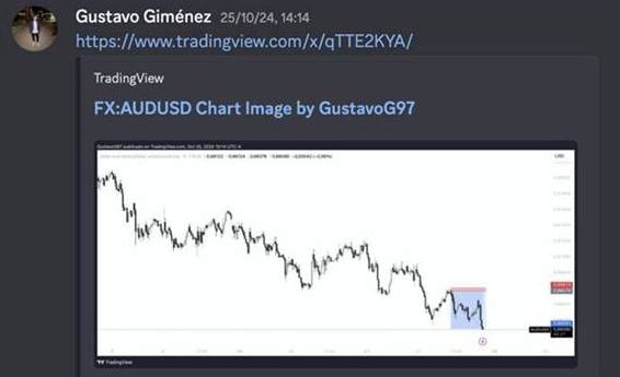 Gustavo Giménez publicando su lectura de AUDUSD para el grupo, con la zona de interés marcada.