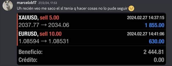 Marcelo se lleva 2.444,81 USD entre oro y EURUSD, con el stop protegiendo la operación mientras estaba ocupado.