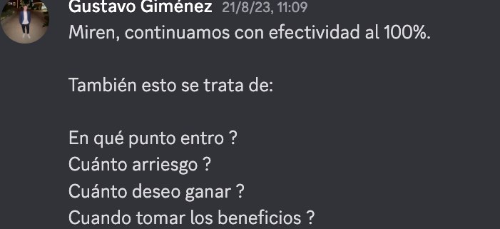 Gustavo Giménez sostiene la efectividad al 100% y recuerda las cuatro preguntas: dónde entro, cuánto arriesgo, cuánto quiero ganar y cuándo tomo beneficios.
