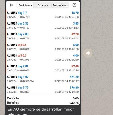 Buscá “profit” en el chat del grupo y esto es lo que aparece: operación tras operación en verde, y 930,75 de beneficio en la cuenta.