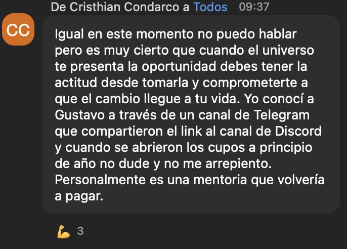 Cristhian Condarco: “personalmente, es una mentoría que volvería a pagar”.